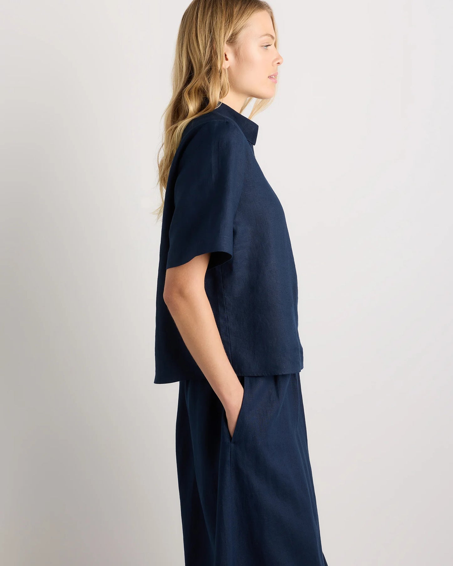 100% European Linen Short Sleeve Popover Top - XS / Blue Pinstripe