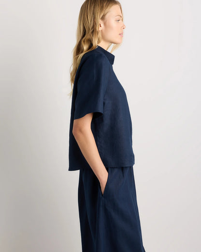 100% European Linen Short Sleeve Popover Top - XS / Blue Pinstripe