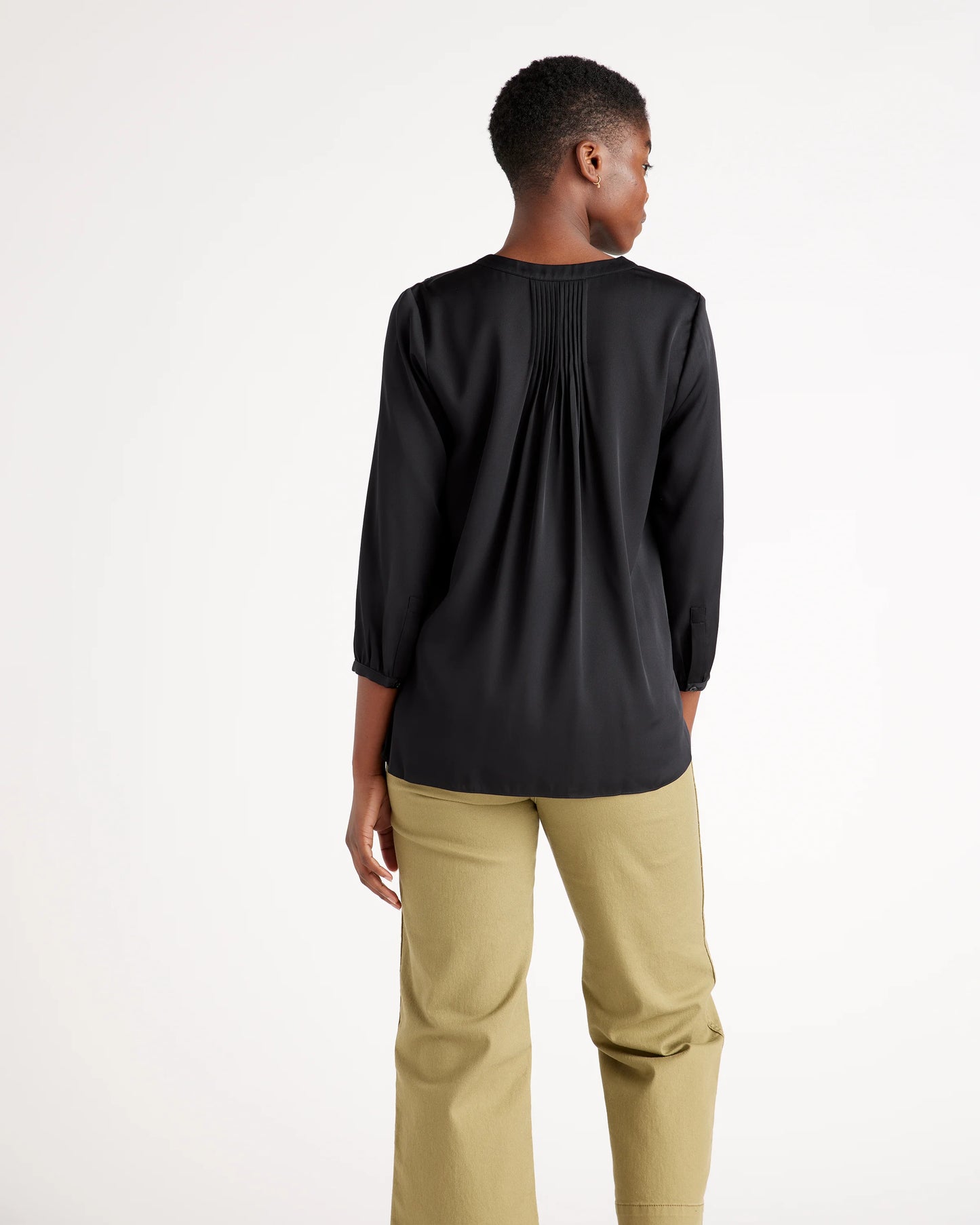 Washable Stretch Silk Pleat Back Blouse - XS / Black