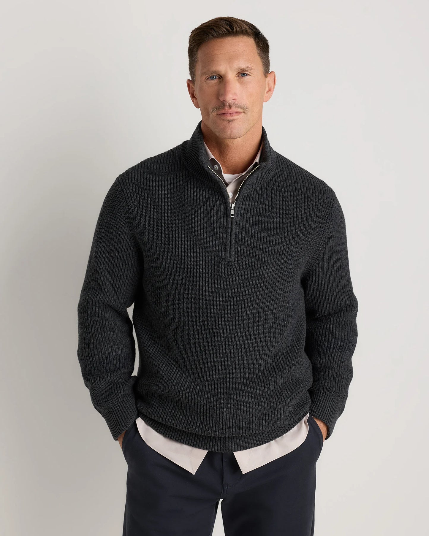 100% Organic Cotton Ribbed Quarter-Zip Sweater - S / Navy