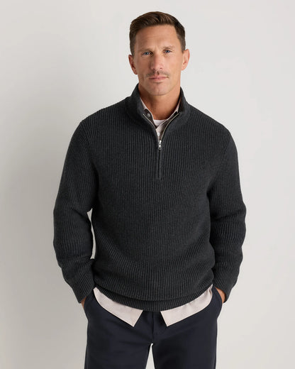 100% Organic Cotton Ribbed Quarter-Zip Sweater - S / Navy