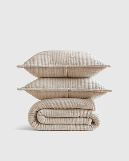 Organic Cotton Channel Stitch Coverlet Set - Twin / Coral Pink