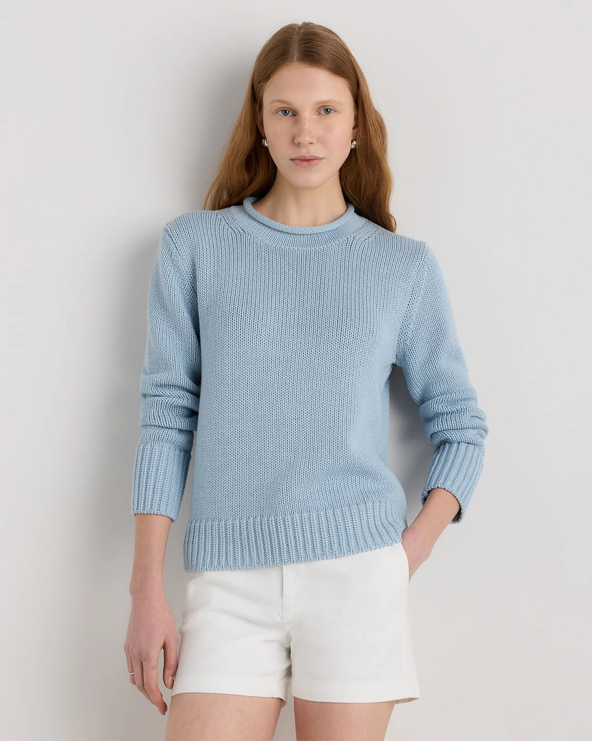 100% Organic Cotton Roll Neck Sweater - XS / Cornflower Mini Stripe