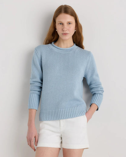 100% Organic Cotton Roll Neck Sweater - XS / Cornflower Mini Stripe
