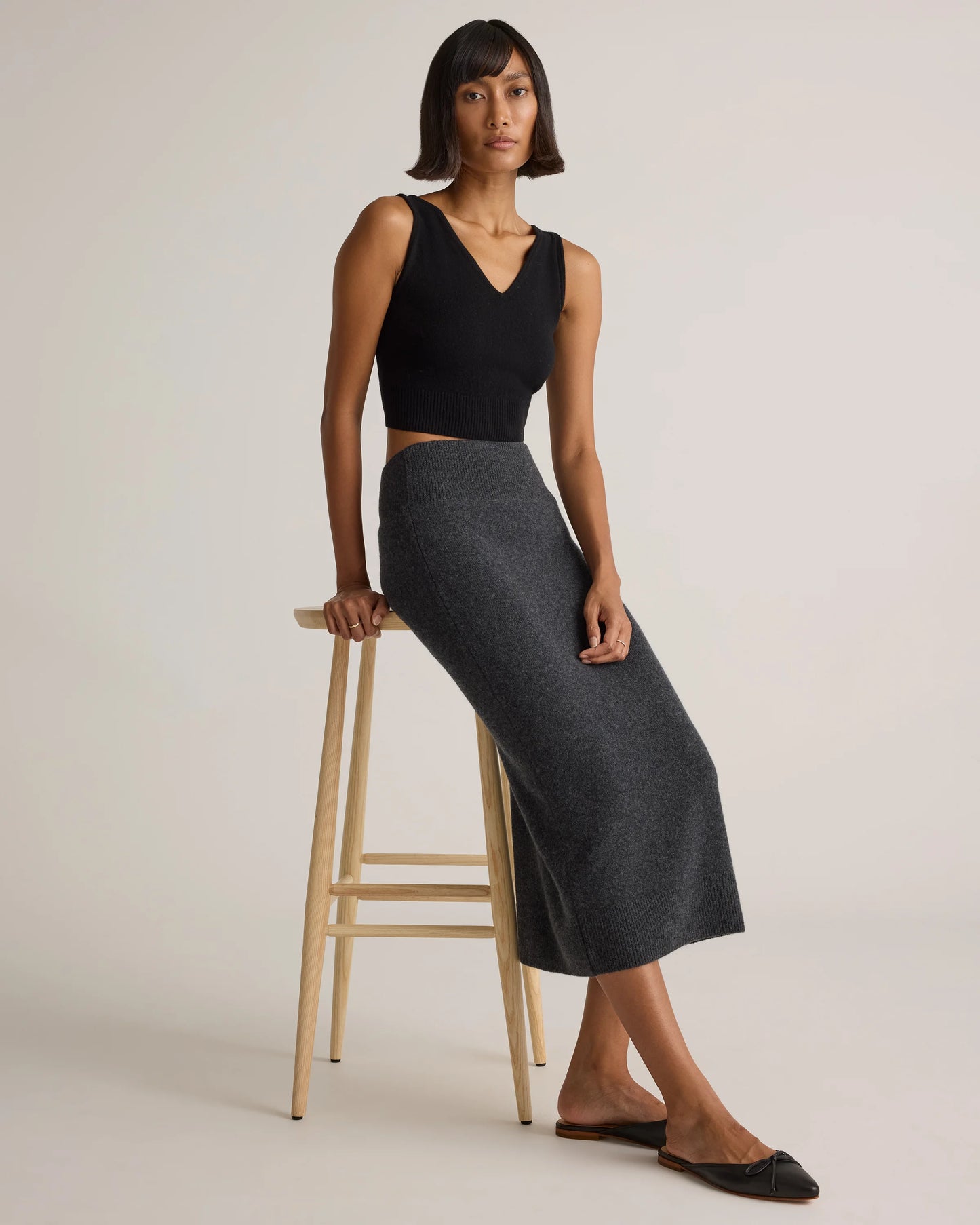 Mongolian Cashmere Fitted Midi Skirt - XS / Brown