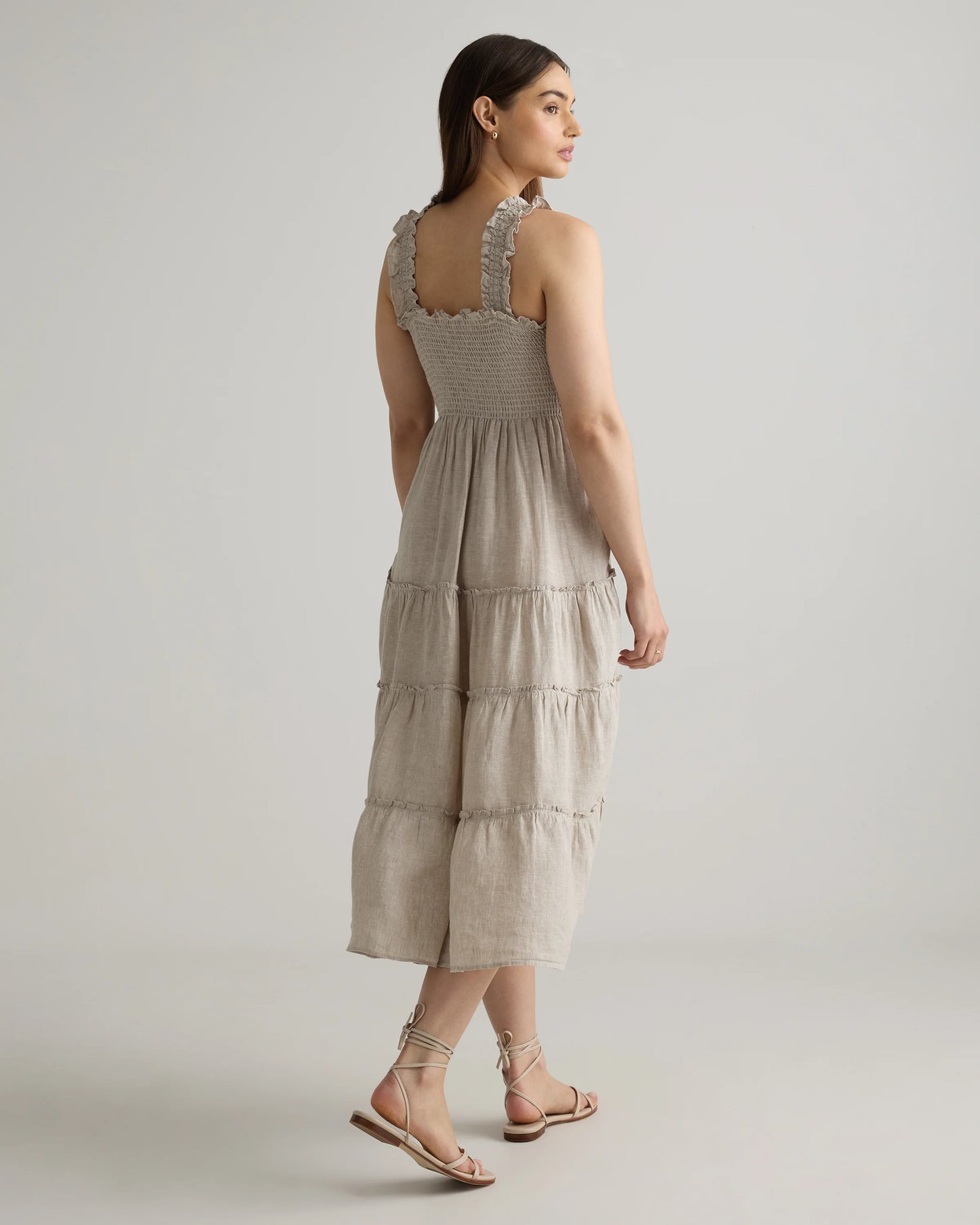 100% European Linen Smocked Midi Dress - XS / Ivory Porcelain Blue Petite Floral