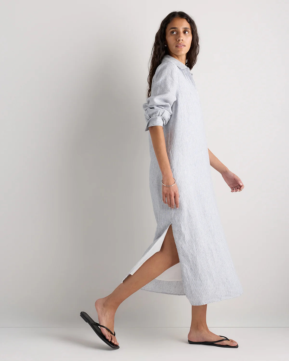 100% European Linen Popover Maxi Dress - XS / Blue Pinstripe