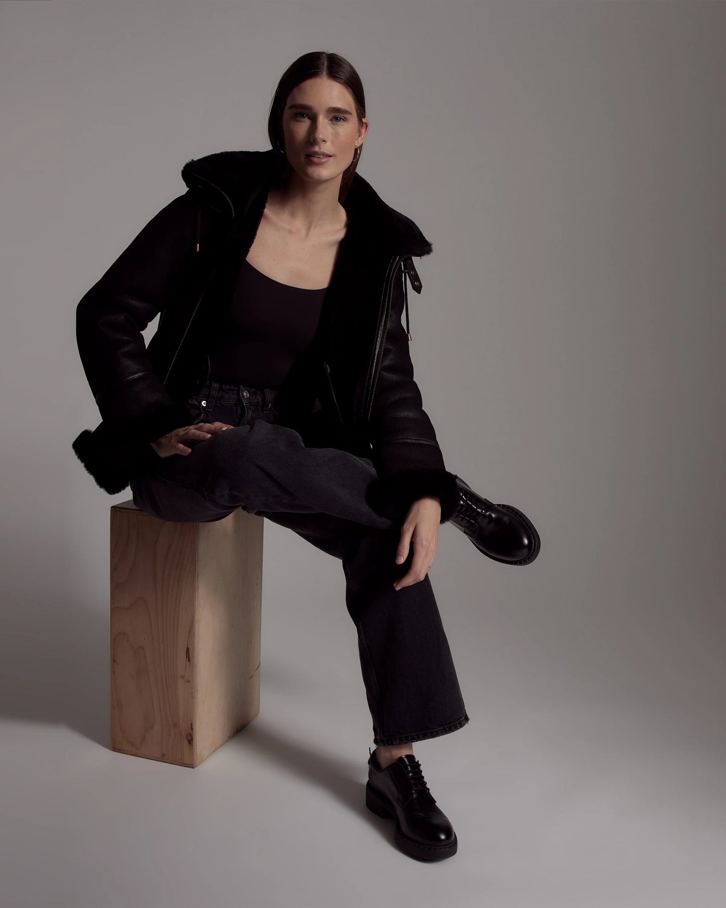 100% Shearling Cold Weather Bomber Jacket - XS / Black