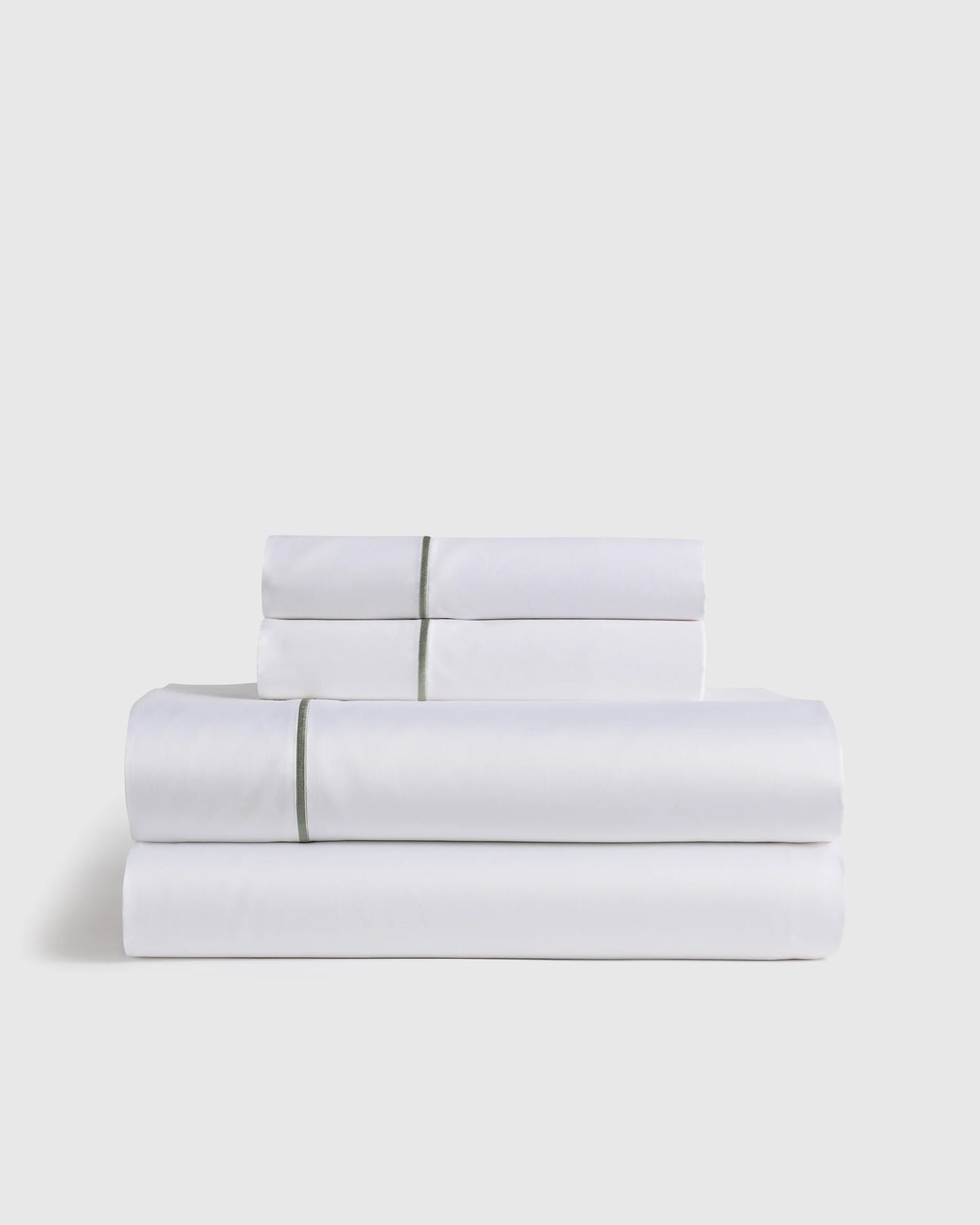 Signature Giza Cotton Sateen Embroidered Sheet Set - Twin / White/Dried Sage