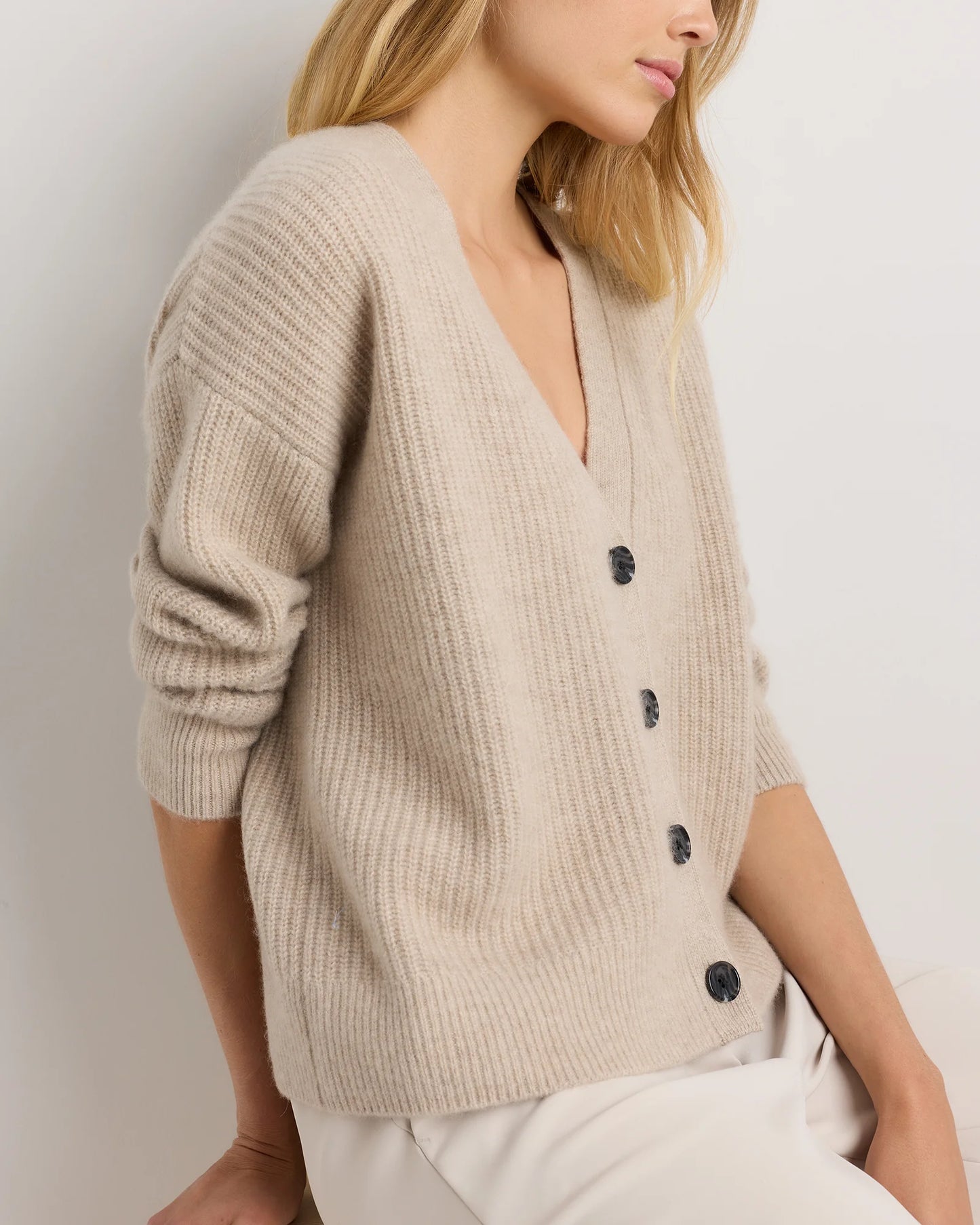 Mongolian Cashmere Fisherman Boxy Cropped Cardigan Sweater - XS / Undyed Natural Heather
