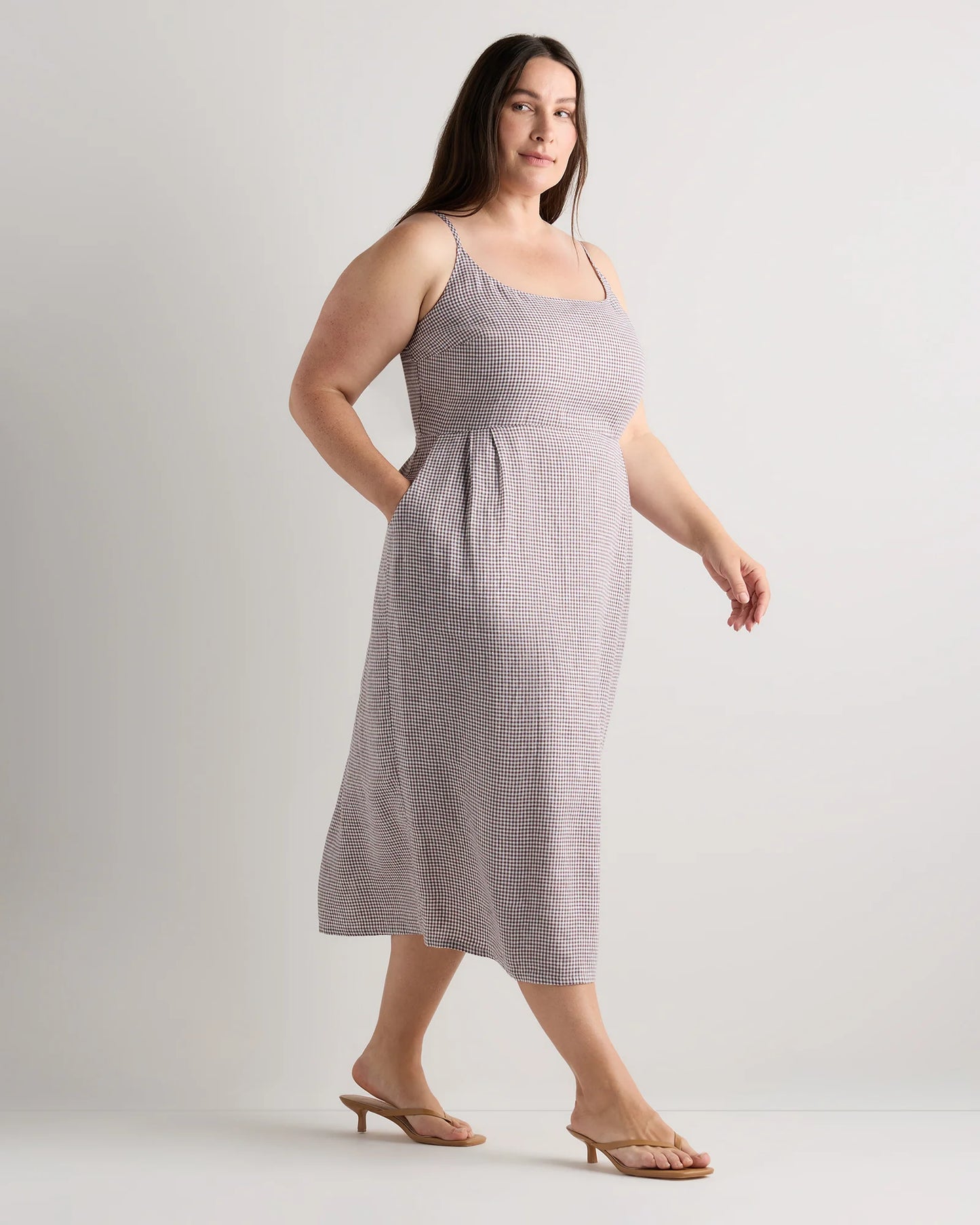 100% European Linen Scoop Neck Midi Dress - 1X / Deep Navy