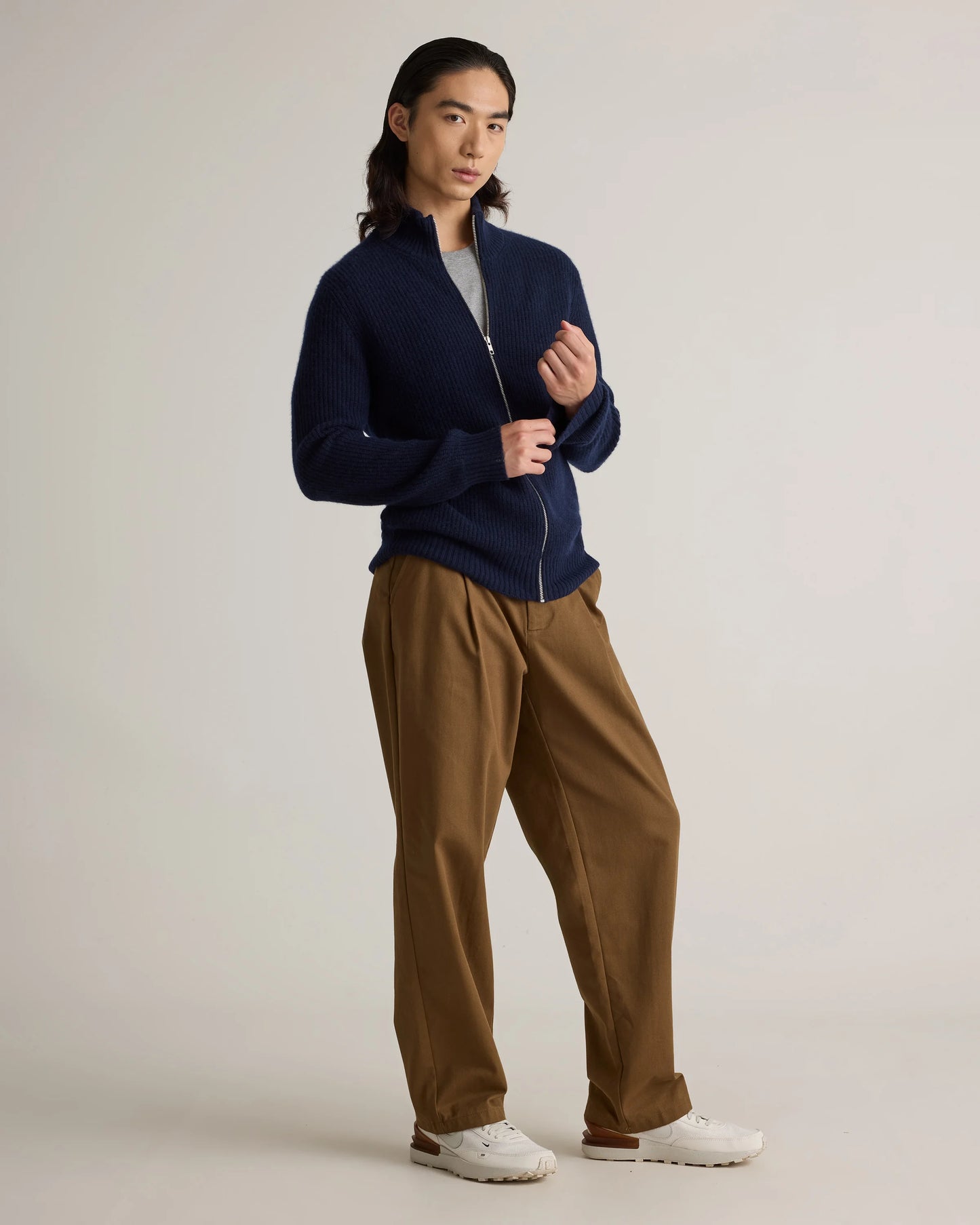 Mongolian Cashmere Fisherman Full Zip Sweater - S / Teak