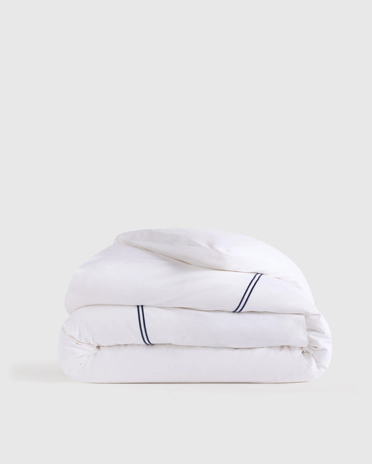Organic Crisp Percale Embellished Duvet Cover - Twin / White/Navy