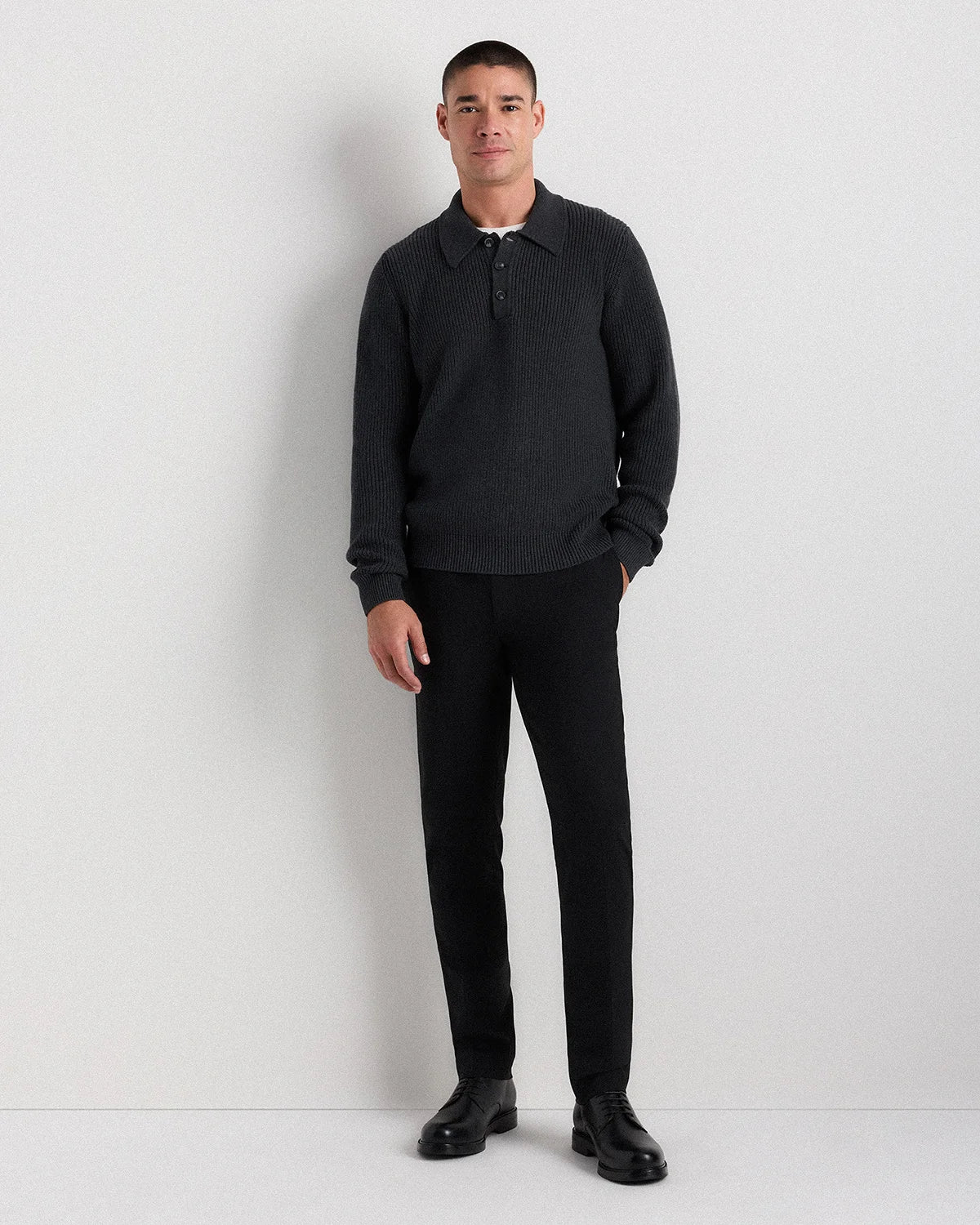 100% Organic Cotton Ribbed Polo Sweater - XS / Mid Heather Grey