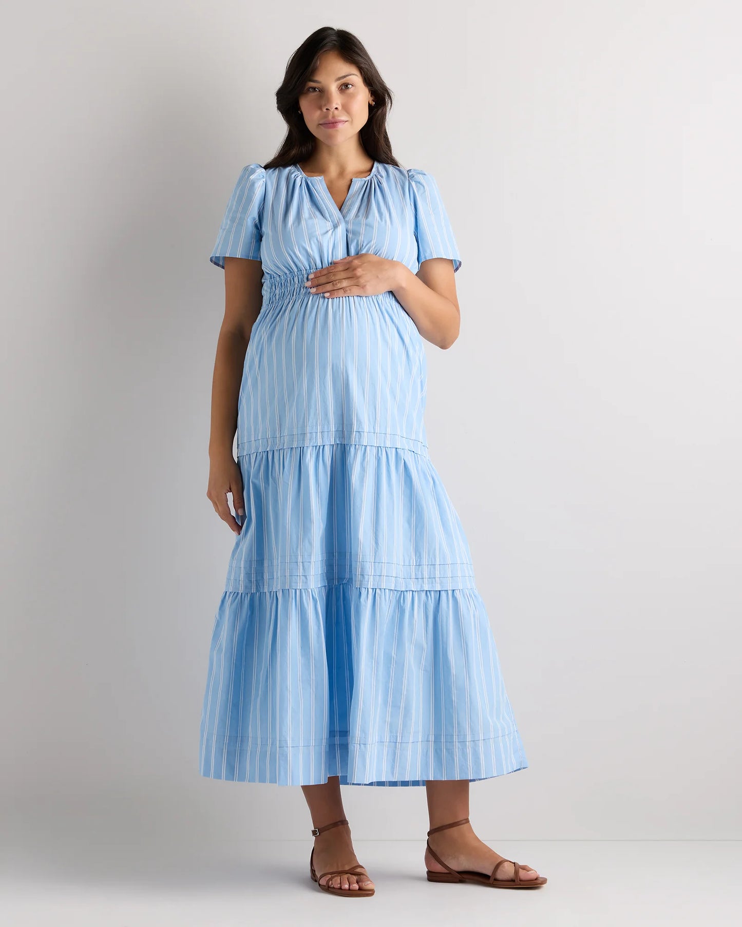 100% Organic Cotton Poplin Maternity Tiered Maxi Dress - XS / Riviera Blue Heirloom Floral