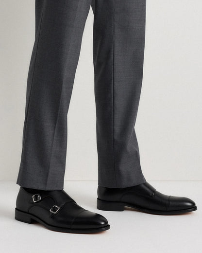 Italian Leather Monk Strap Oxford - 7 / Black