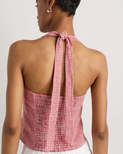 100% European Linen Halter Top - XS / Red Classic Mini Gingham
