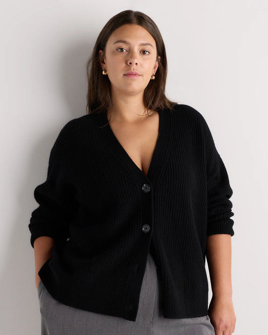 Mongolian Cashmere Fisherman Boxy Cropped Cardigan Sweater - 1X / Black