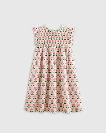 100% Organic Cotton Poplin Smocked Flutter Sleeve Dress - 2T / Blue Ditsy Floral