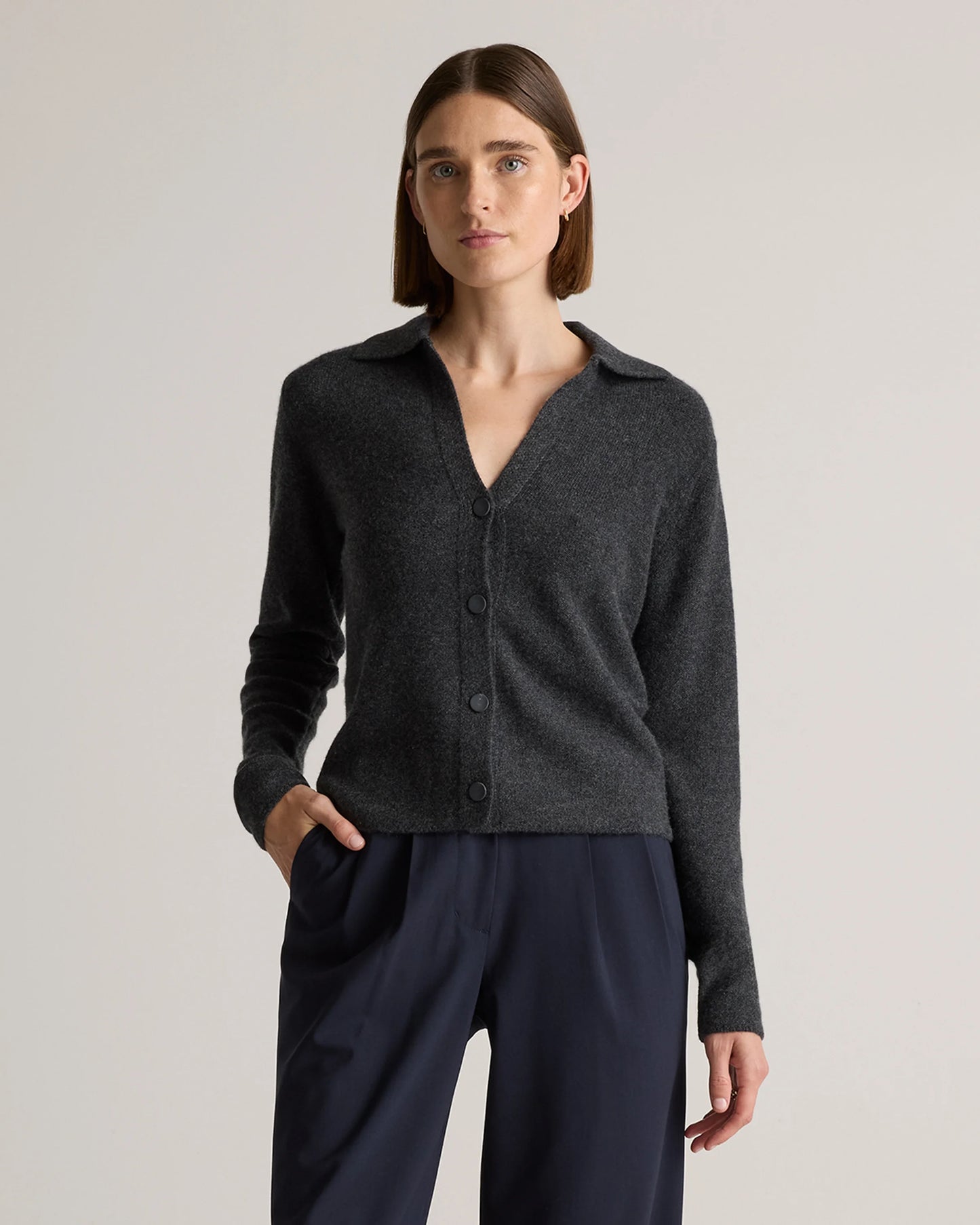 Mongolian Cashmere Collared Cardigan - XS / Heather Charcoal
