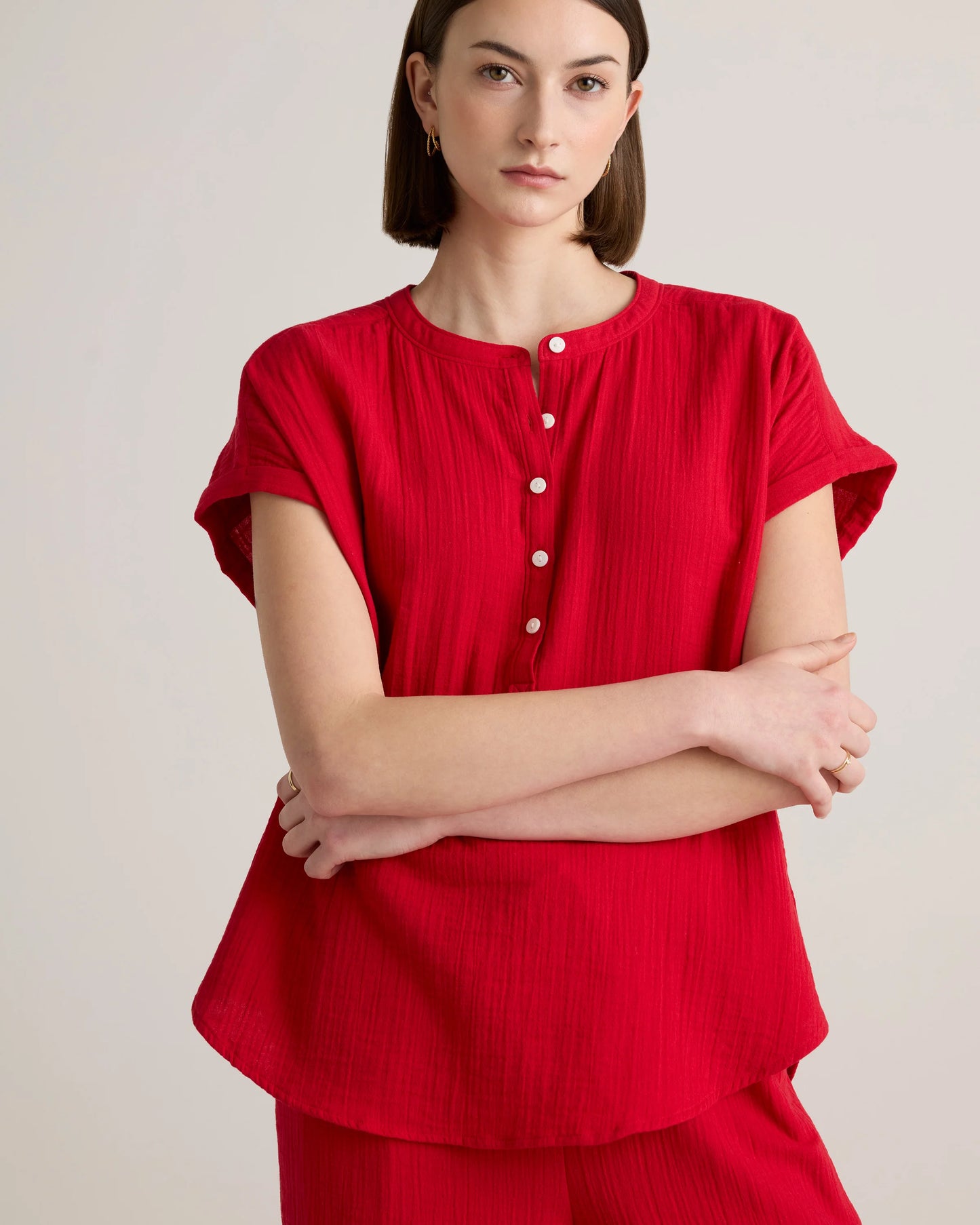 100% Organic Cotton Gauze Roll Sleeve Shirt - XS / Spiced Orange