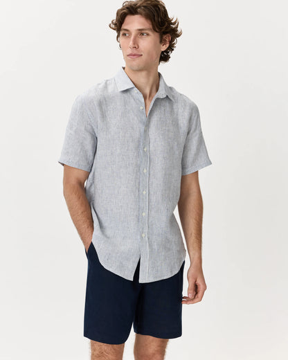 100% European Linen Relaxed Short Sleeve Shirt - XS / Taupe Brown Chambray