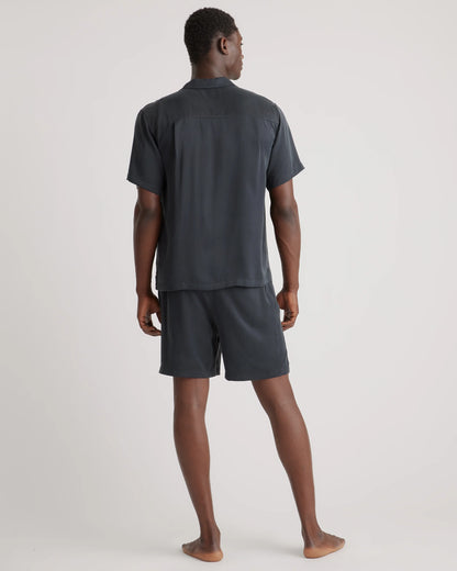 100% Washable Silk Button Down Short Set - S / Black
