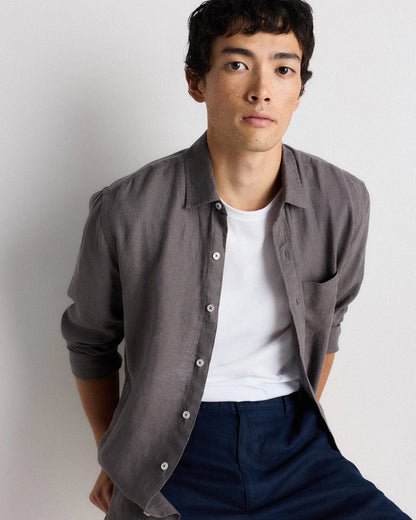 100% European Linen Relaxed Long Sleeve Pocket Shirt - S / Dark Gull Grey