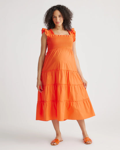 100% Organic Cotton Poplin Maternity Smocked Midi Dress - XS / Classic White
