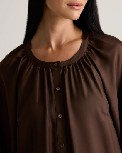 100% Silk Twill Button Front Mini Dress - XS / Hot Fudge