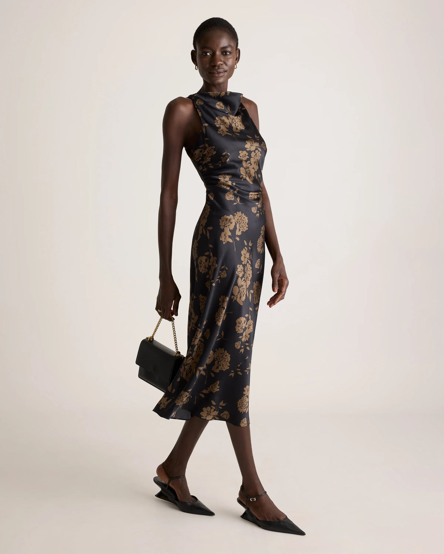 Washable Stretch Silk High Neck Midi Dress - XS / Vintage Navy Roses