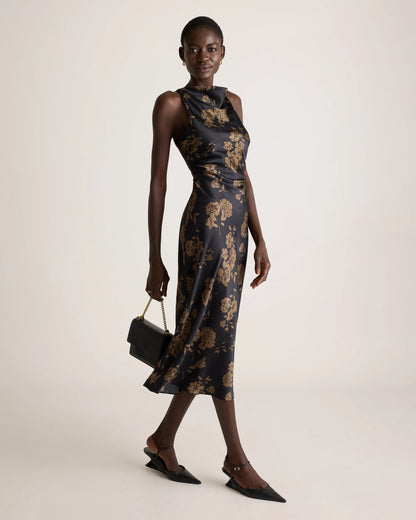 Washable Stretch Silk High Neck Midi Dress - XS / Vintage Navy Roses
