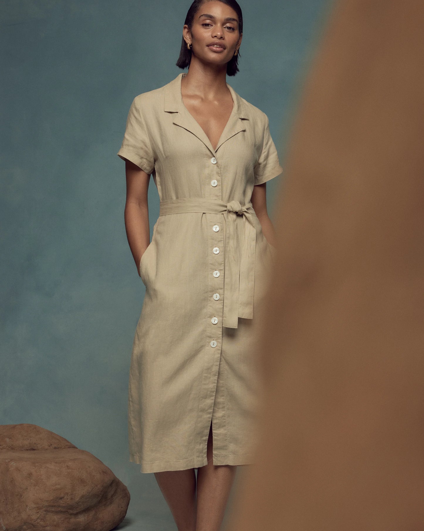 100% European Linen Button Front Dress - XS / Sky Blue Mariner Stripe