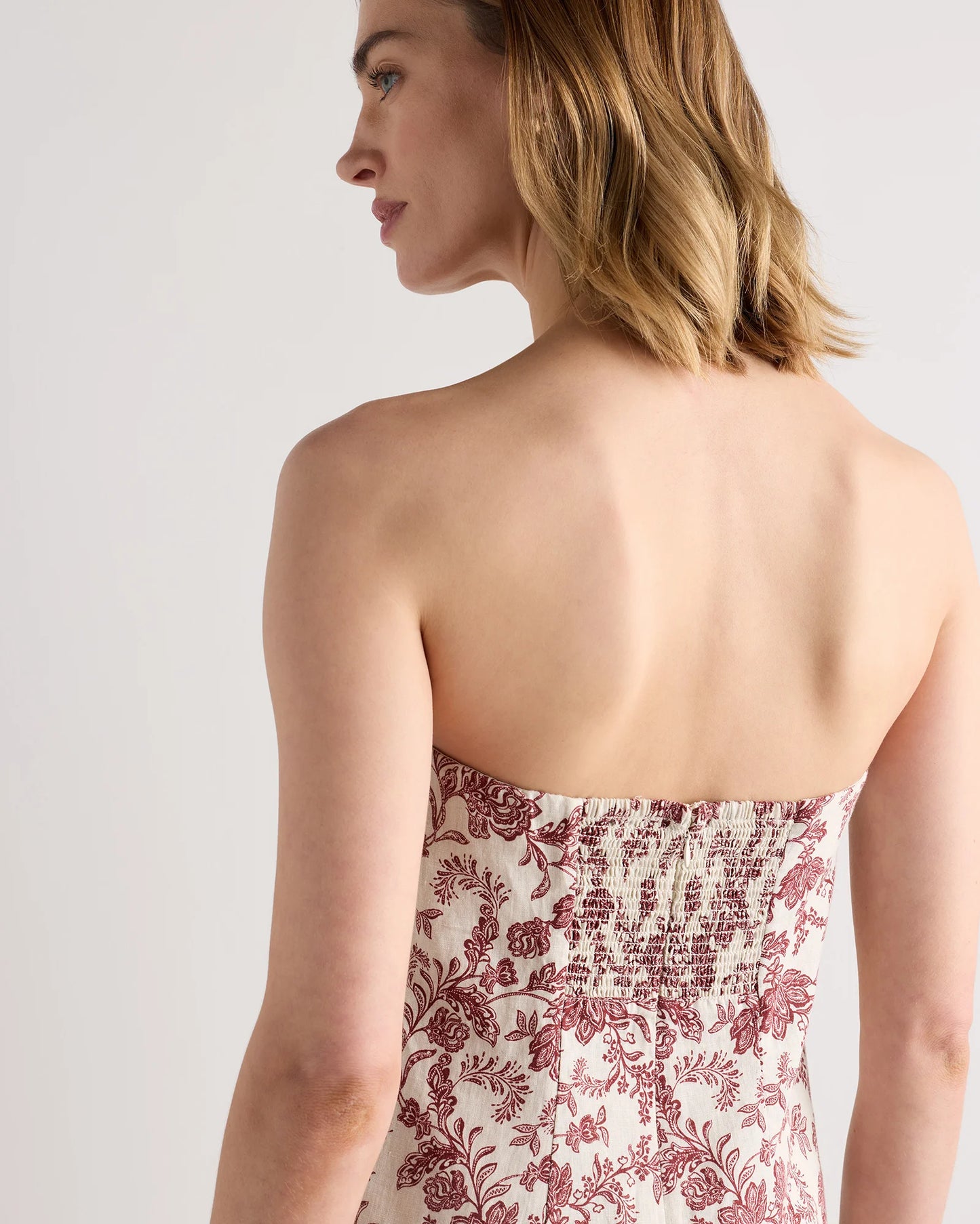 100% European Linen Strapless Maxi Dress - XS / Brick Red Heirloom Floral