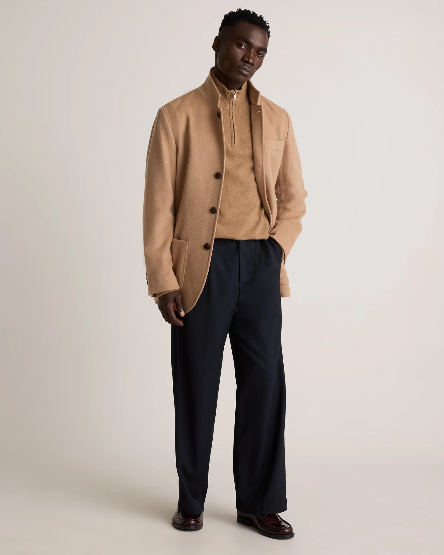 100% Mongolian Cashmere Stand Collar Blazer - S / Camel
