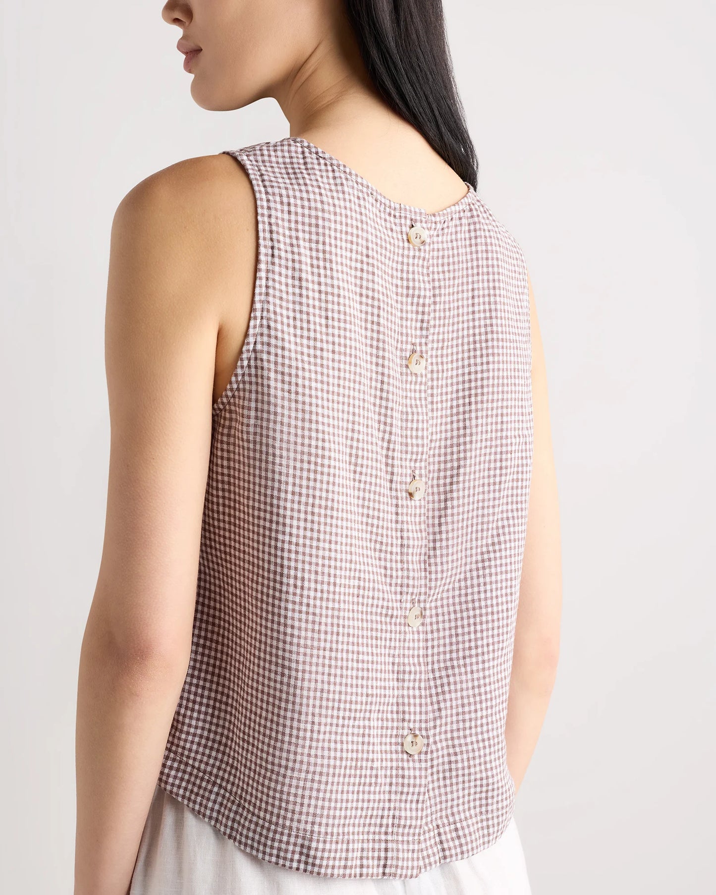 100% European Linen Cropped Tank - XS / Taupe Brown Gingham