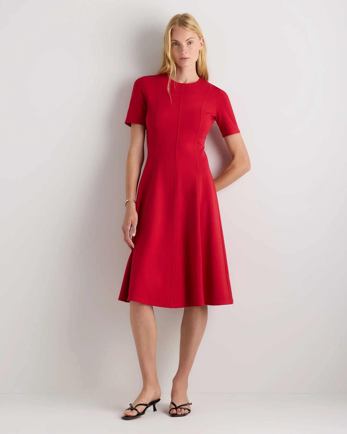 Ultra-Stretch Ponte Short Sleeve Midi Dress - XS / Ruby Red