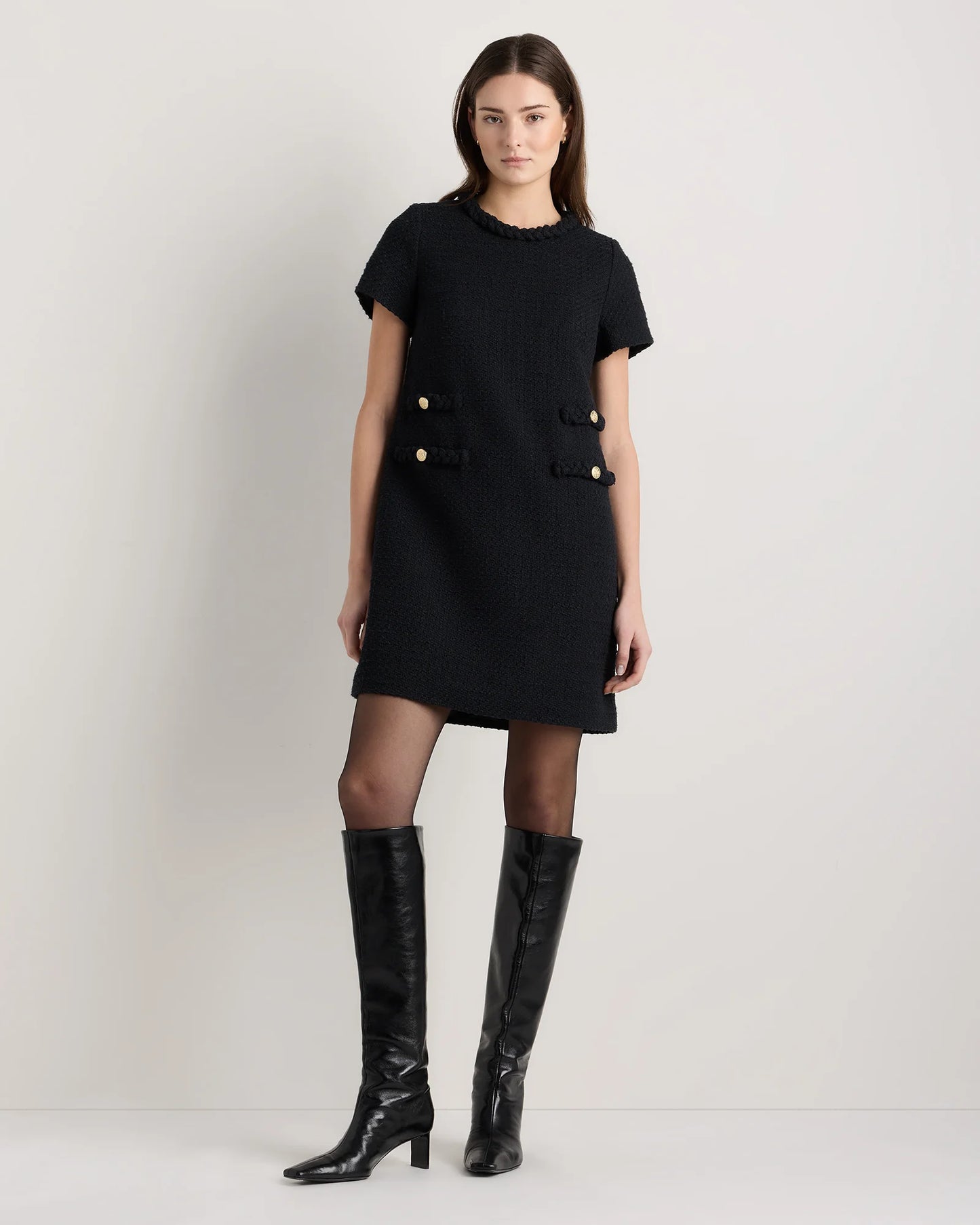 Tweed Short Sleeve Mini Dress - XS / True Black