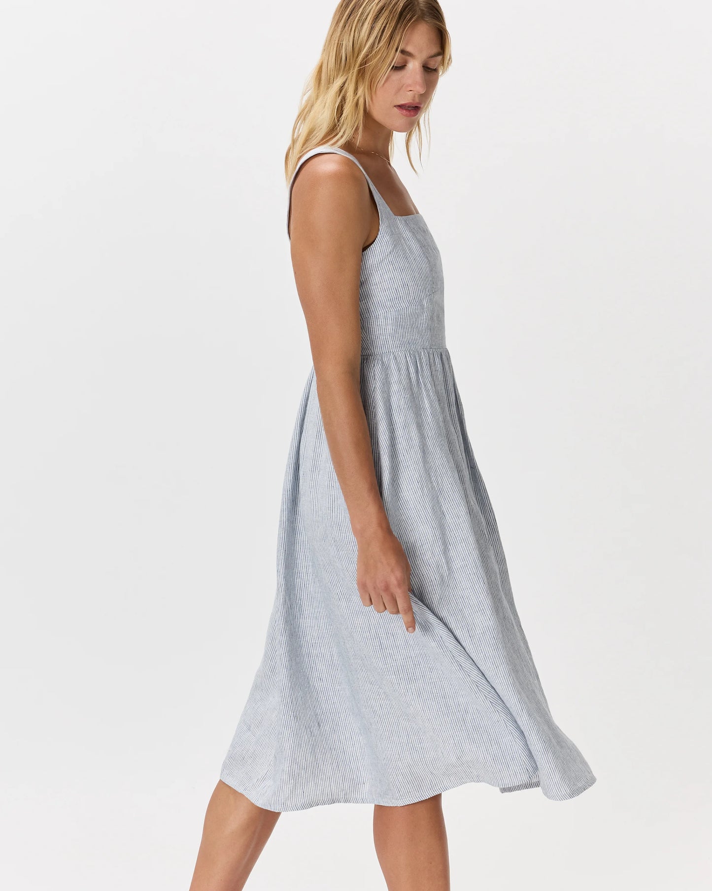 100% European Linen Fit & Flare Midi Dress - XS / Ivory Porcelain Blue Petite Floral