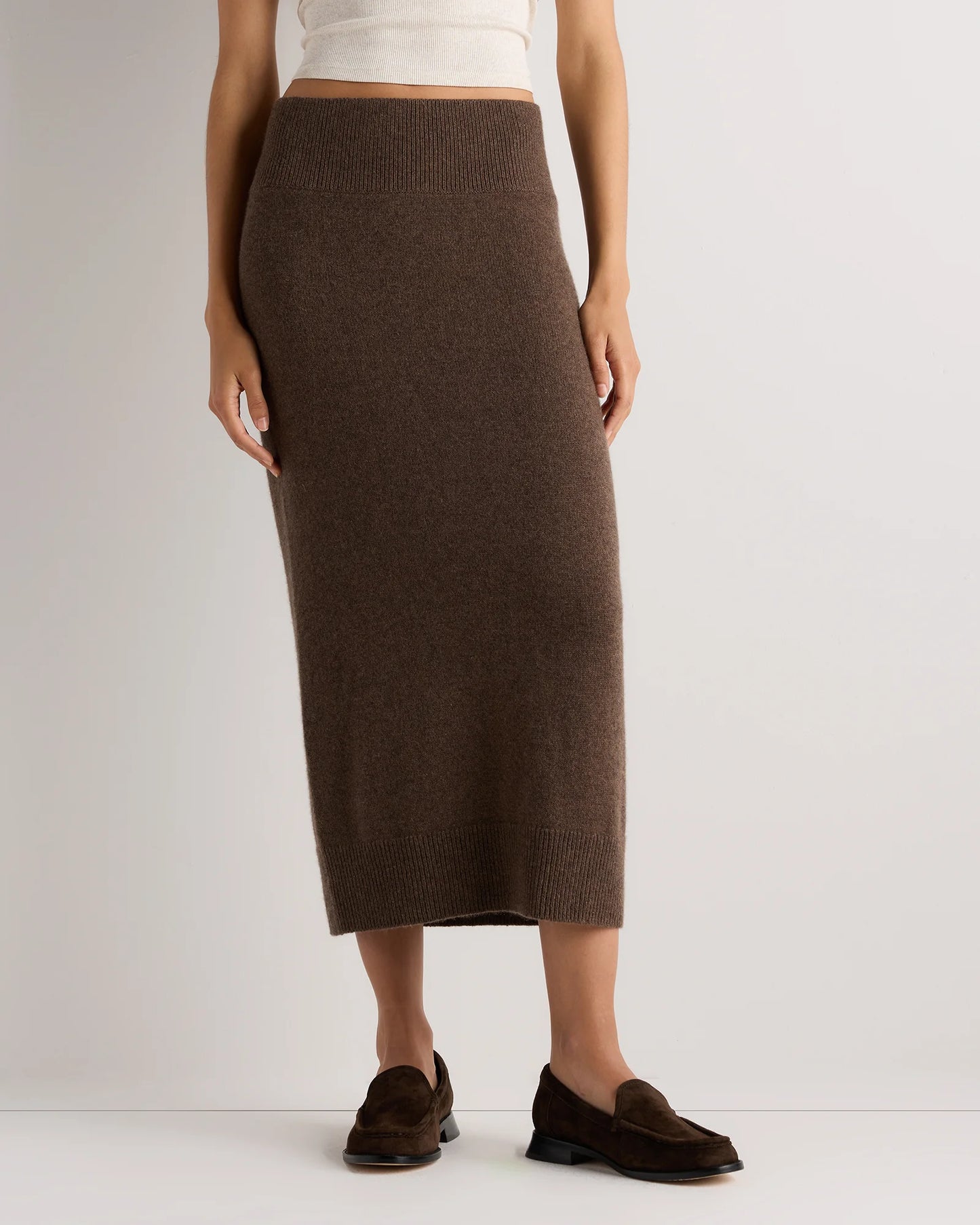 Mongolian Cashmere Fitted Midi Skirt - XS / Brown