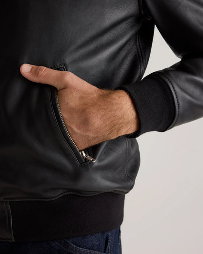 100% Washed Leather Bomber Jacket - S / Black