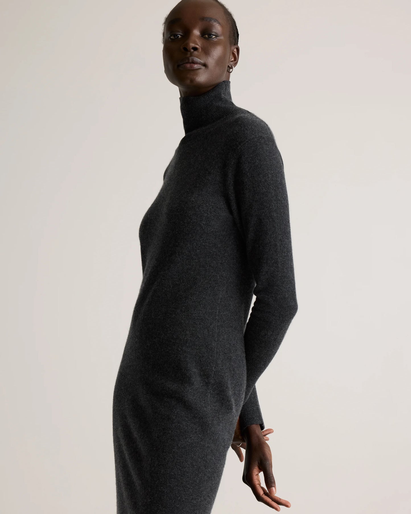Mongolian Cashmere Turtleneck Midi Sweater Dress - XS / Charcoal