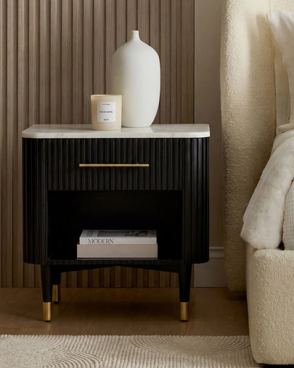 Fluted Wood and Genuine Marble Open Nightstand - One Size / Cream/Black