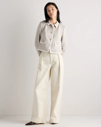 European Stretch Linen Cropped Lady Jacket - XS / Deep Navy/Ivory