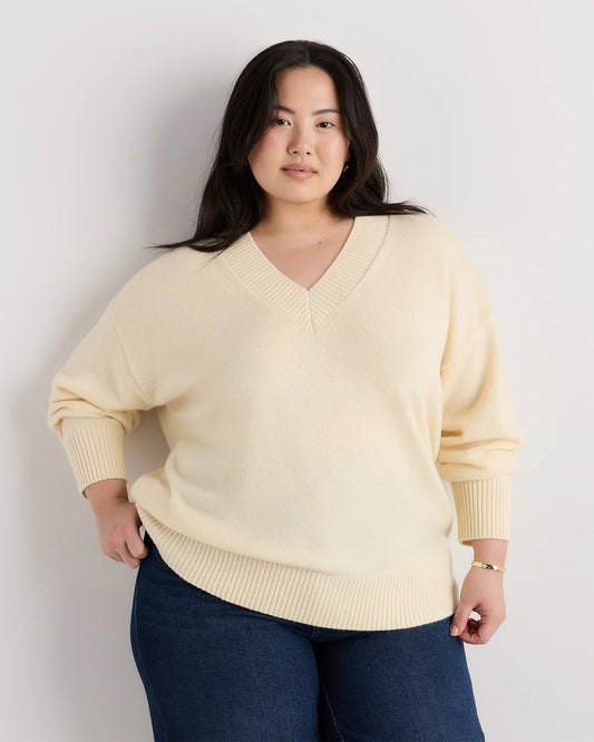 Mongolian Cashmere Oversized V-Neck Sweater - 1X / Pale Custard Yellow