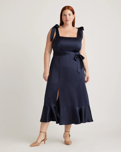 100% Washable Silk Square Neck Midi Dress - XS / Navy