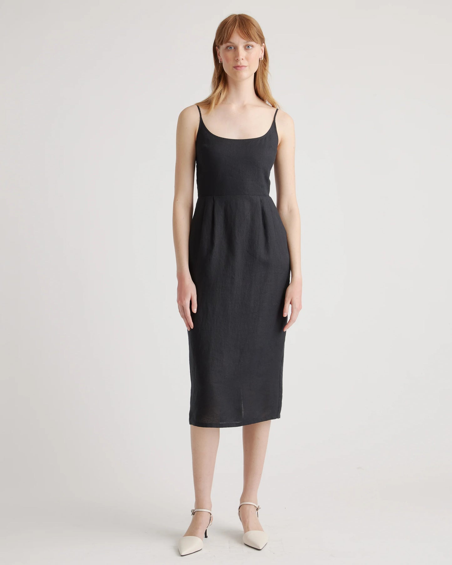 100% European Linen Scoop Neck Midi Dress - XS / Ivory Porcelain Blue Petite Floral
