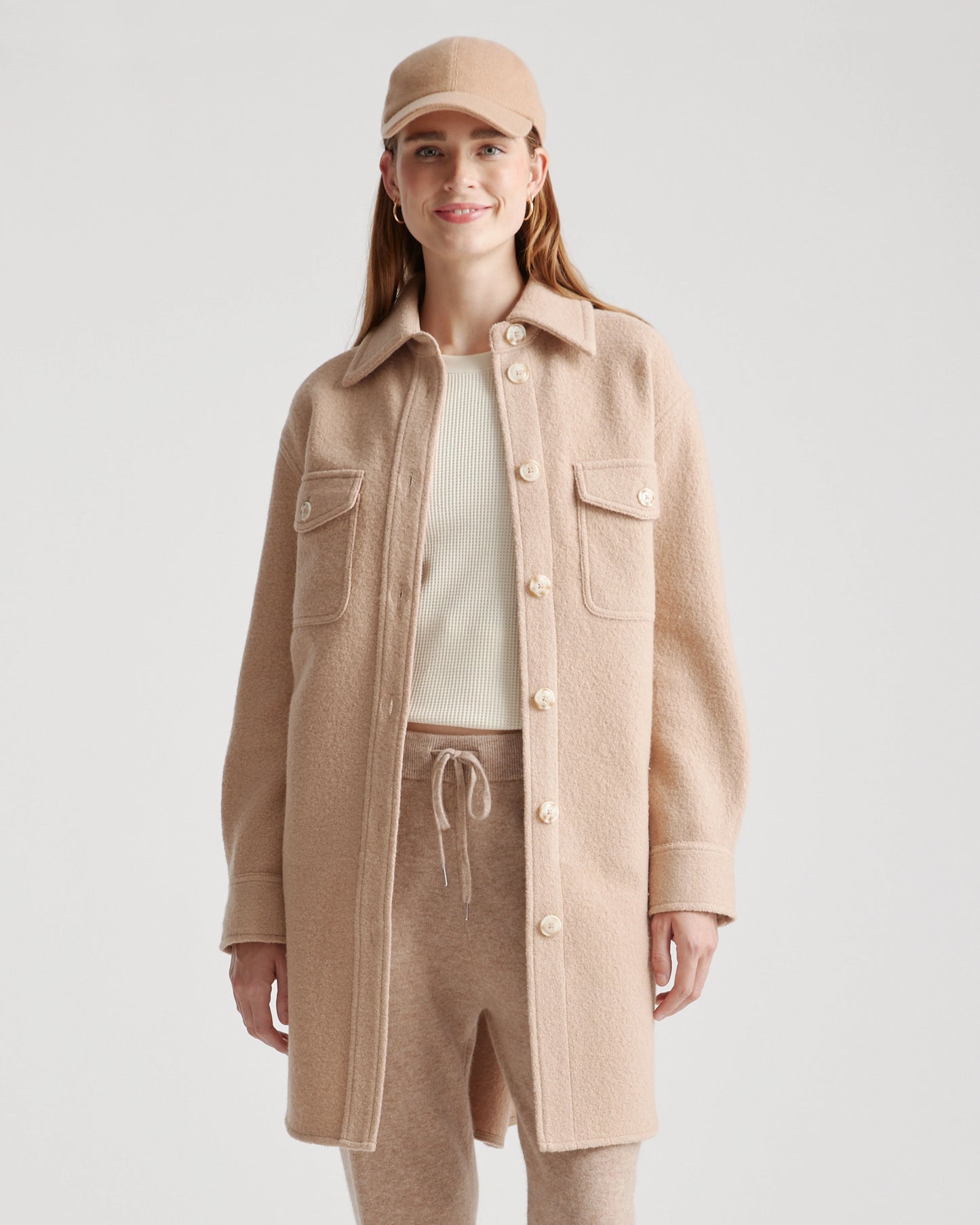 100% Merino Wool Long Shirt Jacket - XS / Heather Bone