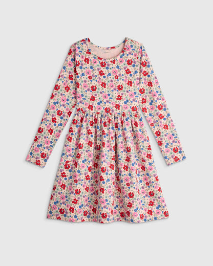 Organic Cotton Long Sleeve Fit and Flare Pocket Dress - 6 / Purple Poppy Garden