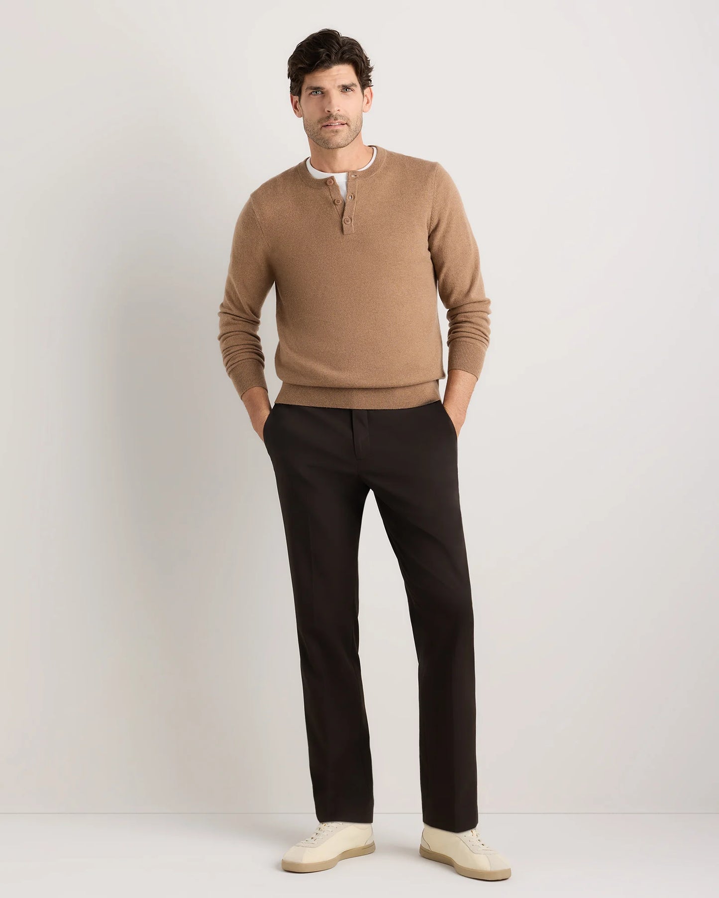 Mongolian Cashmere Henley Sweater - S / Brown